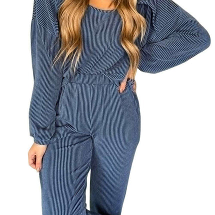Trendy Blue Ribbed Lounge Set: Stylish Hoodie and Pants Duo for Everyday Comfort