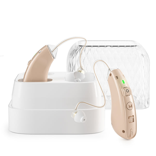 Intelligent Noise Reduction Hearing Aid — 12hr, USB, Silver & Skin Tone | Très Elite