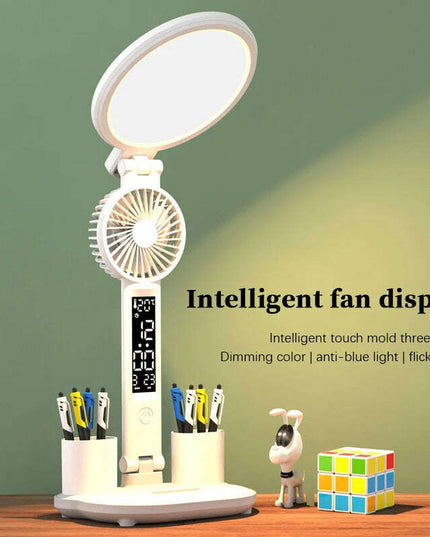 LED Clock Table Lamp USB Chargeable Dimmable Desk Lamp Plug-in LED Fan Light Foldable Eye Protection Reading Night Light