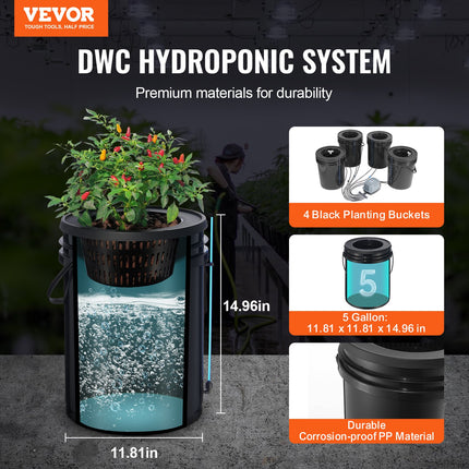 VEVOR Deep Water Culture Hydroponics System with 4 Buckets & Top Drip