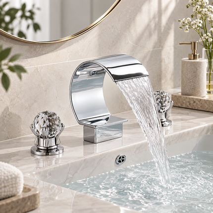 Rozin Widespread Waterfall Basin Faucet with Dual Crystal Handles | Golden, Chrome, Black & Silver