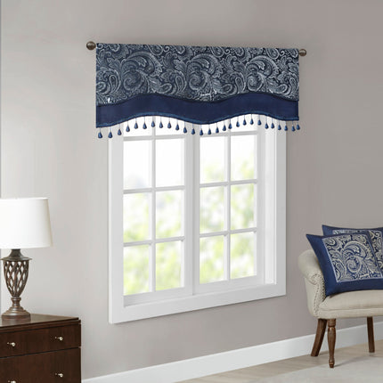 Room & Decor Navy Jacquard Window Valance with Beads, 50x18