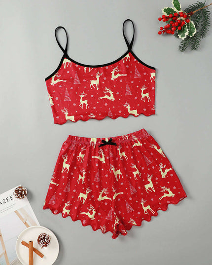 Christmas European And American Thin Pajamas Women's Sleeveless Shorts Milk Silk Simple Casual Two-piece Suit Homewear