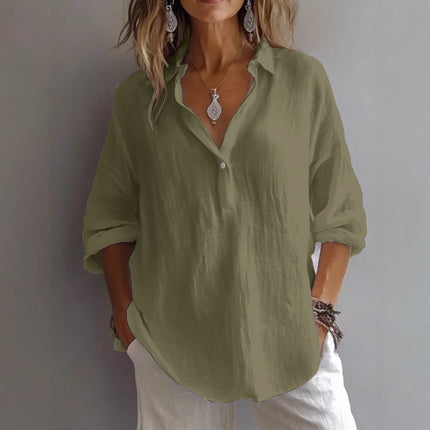 Women's Casual Long-Sleeved Lapel Pullover Shirt — Loose Fit, 3/4 Sleeve