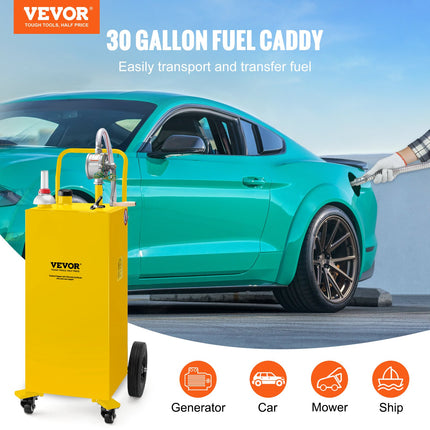 VEVOR 30 Gallon Fuel Caddy with Manual Transfer Pump & 4 Wheels, Yello
