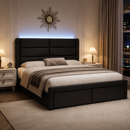 Queen Upholstered Bed Frame with LED Lighting & Faux Leather Headboard — No Box Spring Needed Platform Beds & Bed Frames queen-upholstered-bed-frame-with-led-lights-faux-leather-no-box-spring-needed-black Furniture > Bedroom Furniture > Beds & Bed Frames