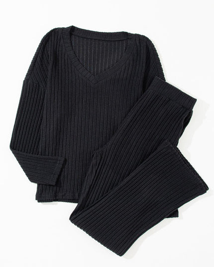 Elegant Black Ribbed V-Neck Lounge Set