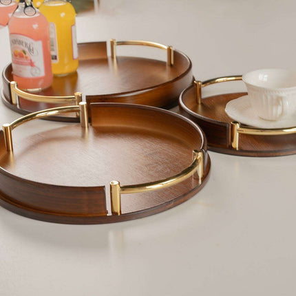 Chic Round Bamboo and Wood Serving Tray with Sturdy Metal Handle - Space-Saving Stackable Ottoman for Home Style