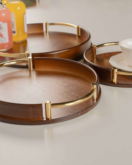 Chic Round Bamboo and Wood Serving Tray with Sturdy Metal Handle - Space-Saving Stackable Ottoman for Home Style