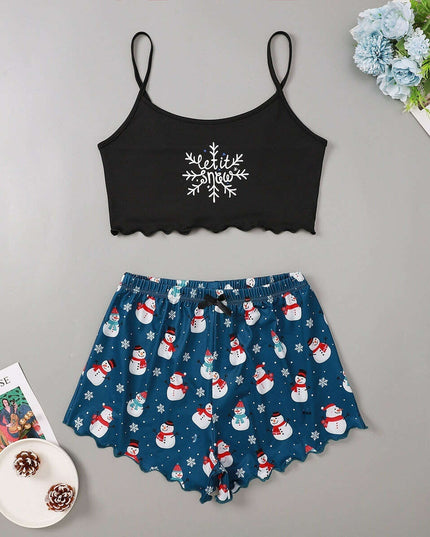 Christmas European And American Thin Pajamas Women's Sleeveless Shorts Milk Silk Simple Casual Two-piece Suit Homewear