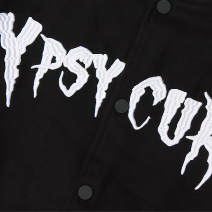 Black Letter-Embroidered Varsity Jacket with Glossy Sleeves