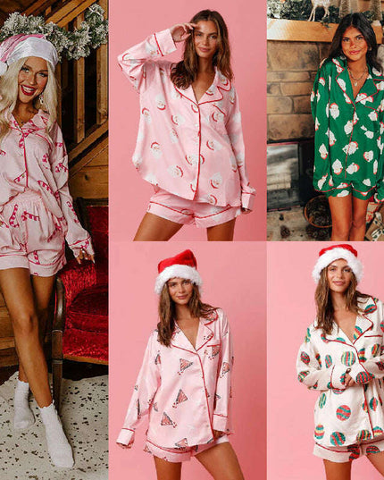 Satin Printed Santa Claus Two-piece Suit Home
