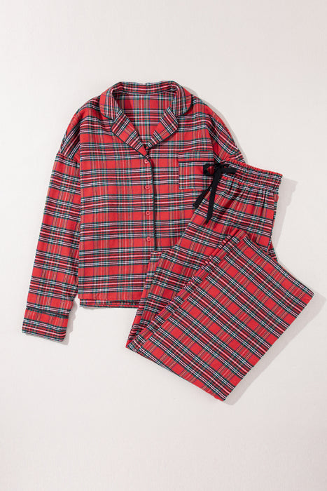 Fiery Red Tartan Plaid Print Long Sleeve Shirt and Pants Pajama Set