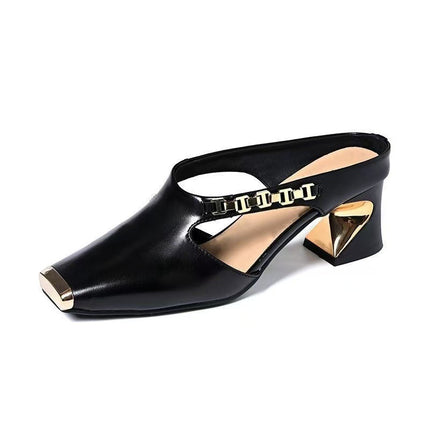 Peekaboo Studio Women's High-Heeled Square Toe Sandals with Metal Cap