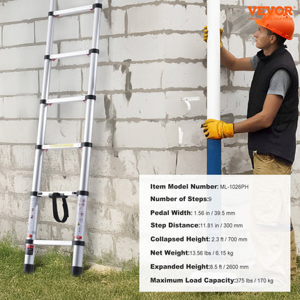 VEVOR 8.5FT Telescoping Ladder - One-Button Retraction, 375LBS Capacit