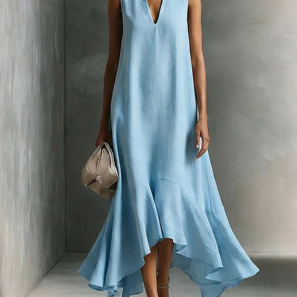 Elegant Deep V-Neck Sleeveless Asymmetrical Hemline Maxi Dress