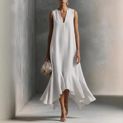 Elegant Deep V-Neck Sleeveless Asymmetrical Hemline Maxi Dress