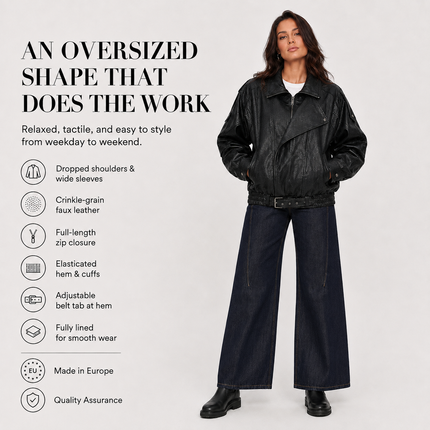 Oversized Faux Leather Jacket — High Collar, Full Zip & Adjustable Belt Coats & Jackets jacket-57 Clothing > Women's Clothing > Outerwear > Jackets & Coats > Faux Leather Jackets