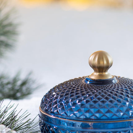 Room & Decor S2 Blue Gold Glass Candy Jar with Lid - Christmas Decor