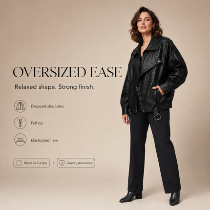 Oversized Faux Leather Jacket — High Collar, Full Zip & Adjustable Belt Coats & Jackets jacket-57 Clothing > Women's Clothing > Outerwear > Jackets & Coats > Faux Leather Jackets