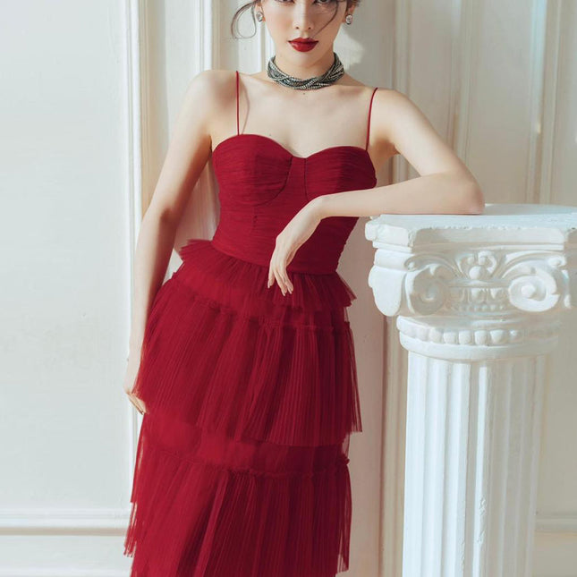 Très Elite Dark Red Flowing Dress with Suspender Straps & Long Skirt