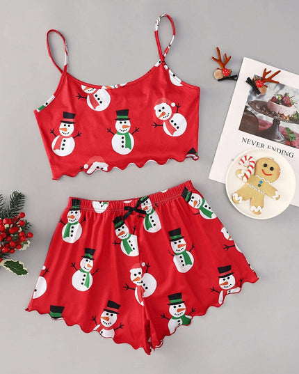 Christmas European And American Thin Pajamas Women's Sleeveless Shorts Milk Silk Simple Casual Two-piece Suit Homewear