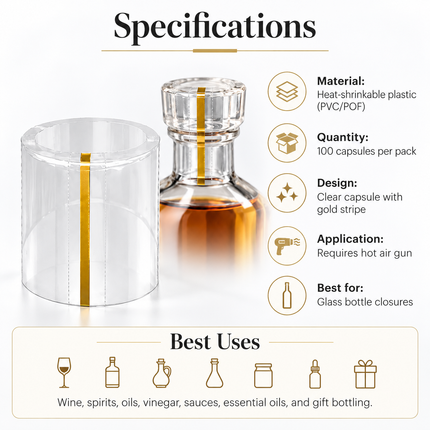 Heat Shrink Sealing Capsules for Glass Bottles — 100pcs, Gold Stripe, 12 Sizes