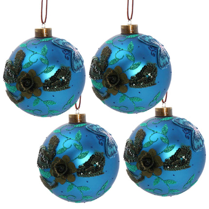 Room & Decor Set of 4 Blue Glass Christmas Ball Ornaments, 4.7" Decora