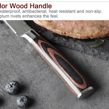 Damascus Pattern Western-Style 6-Piece Steak Knife Set — Serrated Stainless Steel Blades