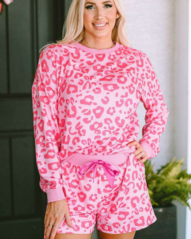 Chic Satin Pink Leopard Print Pajama Set with Bow and Shorts for Ultimate Comfort