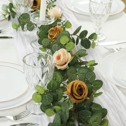 AliKopy 6ft Artificial Eucalyptus Garland with Cream/Gold Roses, UV Re