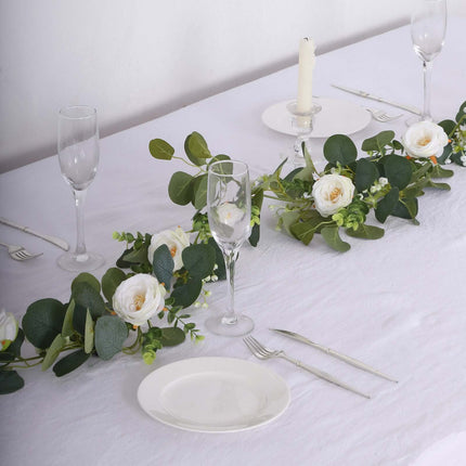 AliKopy 5.5ft Eucalyptus Leaf Hanging Vines with 7 White Roses, Table