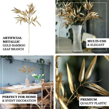 AliKopy 2-Pack Gold Metallic Bamboo Leaf Branches - Shiny Faux Stems