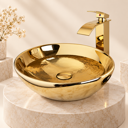 Luxury Gold Ceramic Vessel Sink - Round Above Counter Basin with Faucet