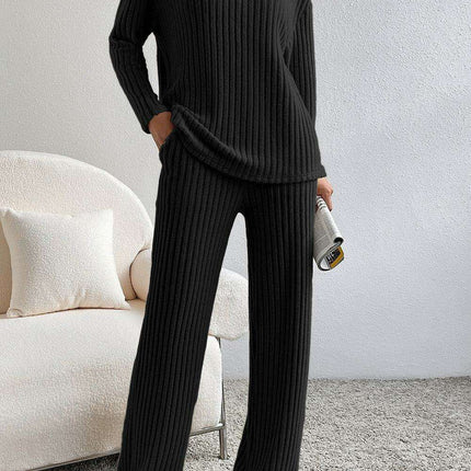 Elegant Black Ribbed V-Neck Lounge Set