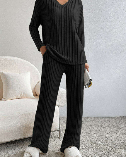 Elegant Black Ribbed V-Neck Lounge Set