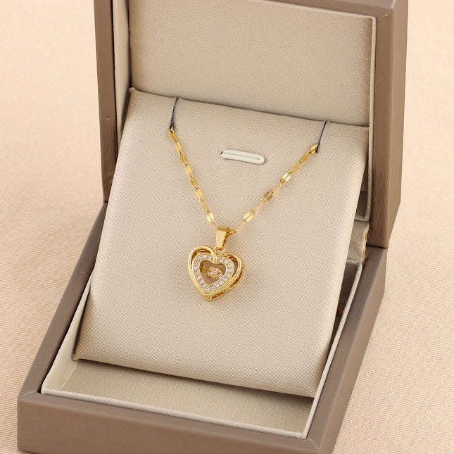 Double-layer Love Necklace With Rhinestones Titanium Steel Pendant Fas