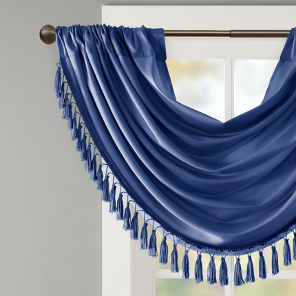 Room & Decor Faux Silk Waterfall Valance, Embellished, Navy 38x46