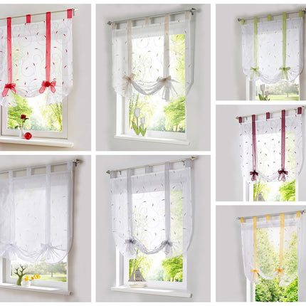 Embroidered Pastoral Adjustable Curtain Rod Ribbon Roman Window Screen