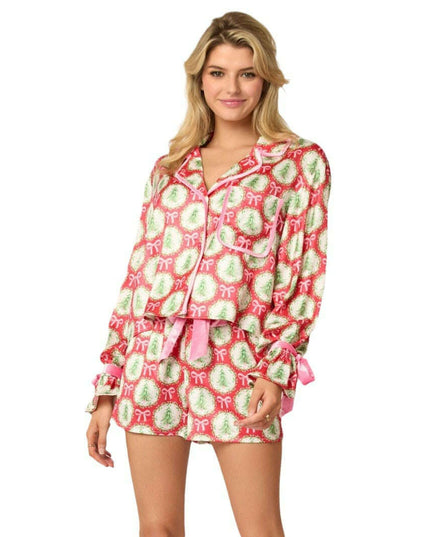 2 Pcs Women's Christmas Pajama Set Santa Tree Print Lapel Neck Button-up Long Sleeve Tops Shorts Loungewear Outfit