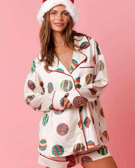 Satin Printed Santa Claus Two-piece Suit Home