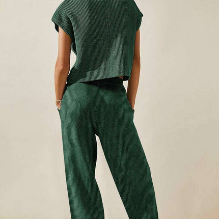 Stylish Forest Green Knit V Neck Sweater and Relaxed Pant Set - Cozy Fashion Essential for Young Women
