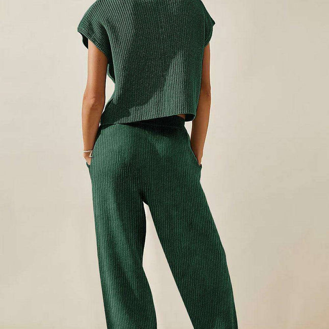 Stylish Forest Green Knit V Neck Sweater and Relaxed Pant Set - Cozy Fashion Essential for Young Women
