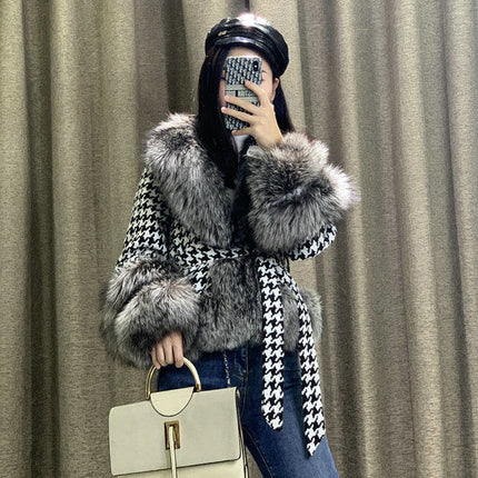 Women's Belted Houndstooth Jacket with Faux Fur Trim