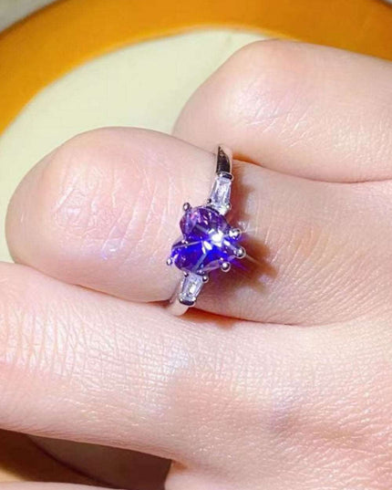 Enchanting Platinum Heart Ring with Purple Moissanite and Zircon Accents - A Symbol of Love