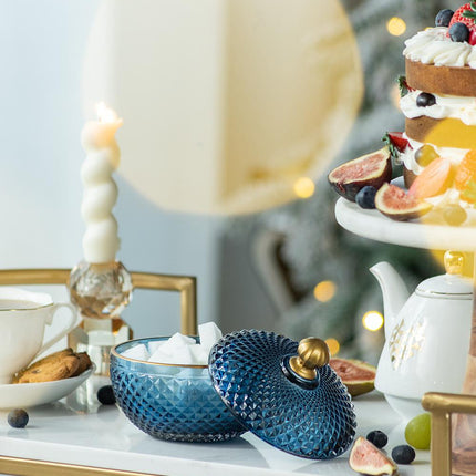 Room & Decor S2 Blue Gold Glass Candy Jar with Lid - Christmas Decor