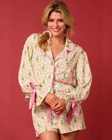 2 Pcs Women's Christmas Pajama Set Santa Tree Print Lapel Neck Button-up Long Sleeve Tops Shorts Loungewear Outfit