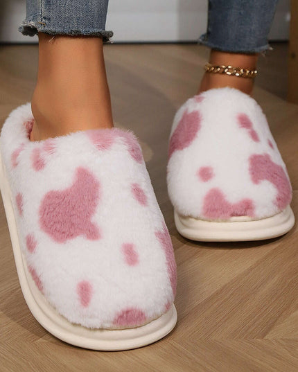 Adorable Cow Print Plush Slippers for Couples - Cozy Non-Slip Fuzzy House Shoes for Winter