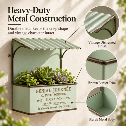 House-Shaped Metal Planter Box — French-Design Text Roof, Vintage Distressed Finish