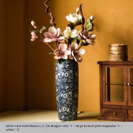 Blue And White Floor Vase Ceramic Tea Rooms Arrangement With Artificial Flowers